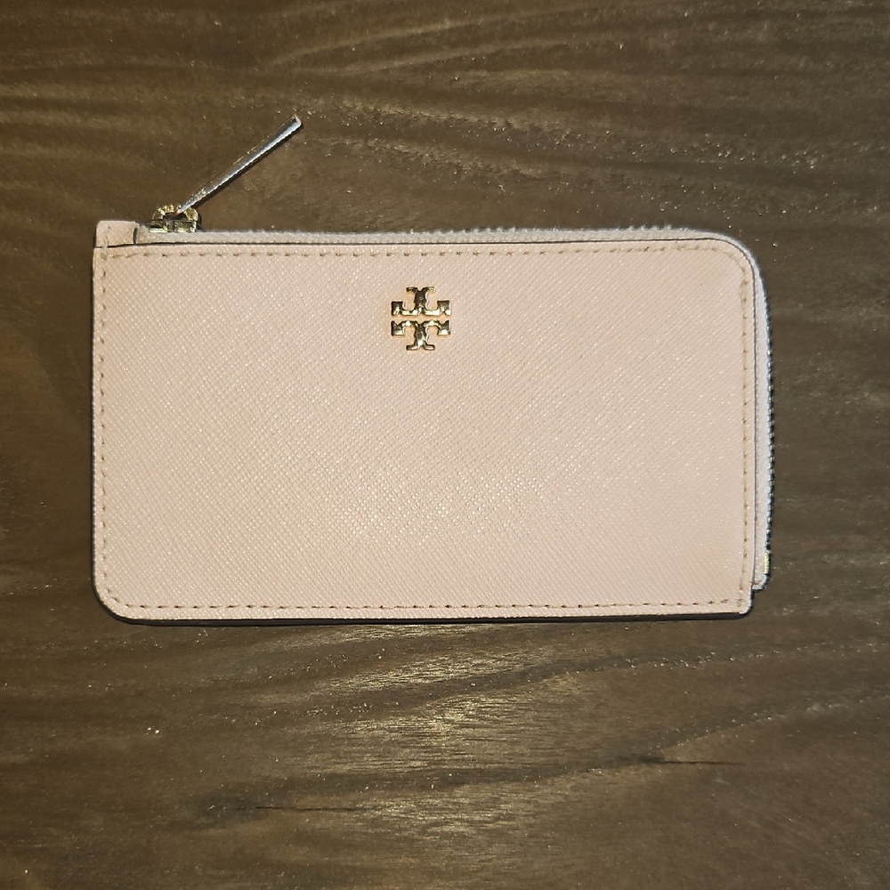 Tory Burch Emerson zip card case in pink quartz saffiano leather